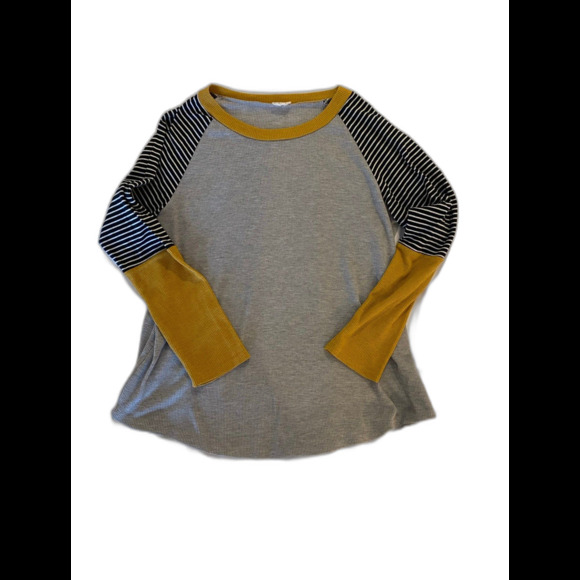 Womens Top Pullover Henley Shirt Gray w/ Gold & Navy Sleeves Size Large - Picture 3 of 7